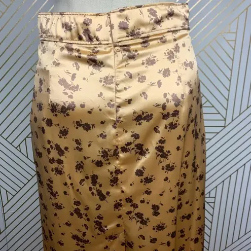 ZARA  Floral Print Slip Midi Skirt In Tan Gold Brown Satin Size US‎ Medium