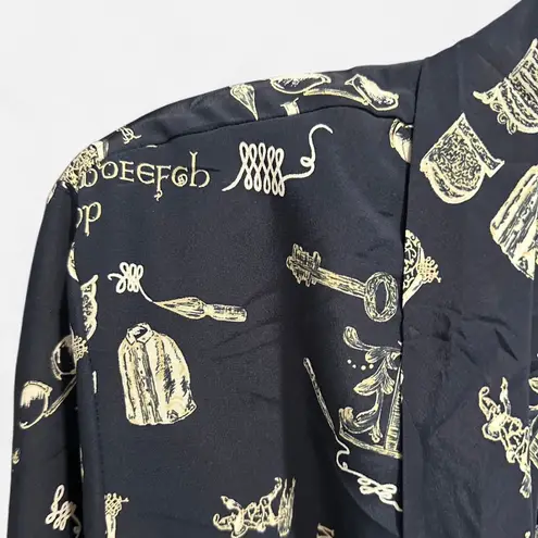 Vintage Liz Claiborne Teacher ABC’s Calligraphy Novelty Print Shawl Collar Top Blue