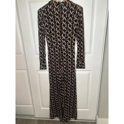 Free People  Shayla Ruched Print Jumpsuit Wide Leg Long Sleeve Black Pink XS