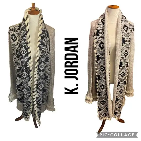 K. Jordan Southwestern Open Cardigan Sweater/Duster Coat Tan & Black w/ Faux Fur Size undefined