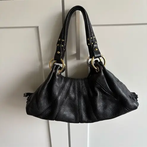 Kate Landry Women's Black Leather Shoulder Bag with Tassel Accents Medium Size