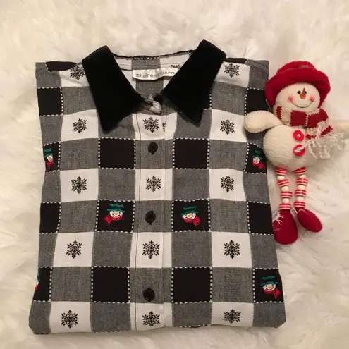 Dress Barn  winter snowman plaid checkered button down long sleeve top size Large