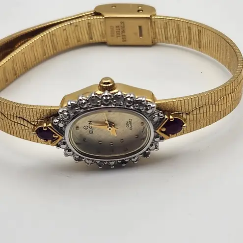 Vintage Elgin Gold Tone Ruby & White Sapphire Watch Red