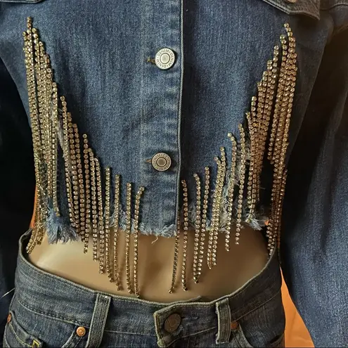 Labijou rhinestone fringe cropped denim jacket