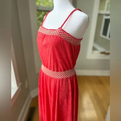 Vintage 70’s 80’s Ginger Snaps Coral Red White Terrycloth Dolphin Hem Midi Dress