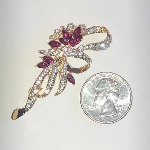 Elegant Gold Tone and Pink Rhinestone Floral Brooch