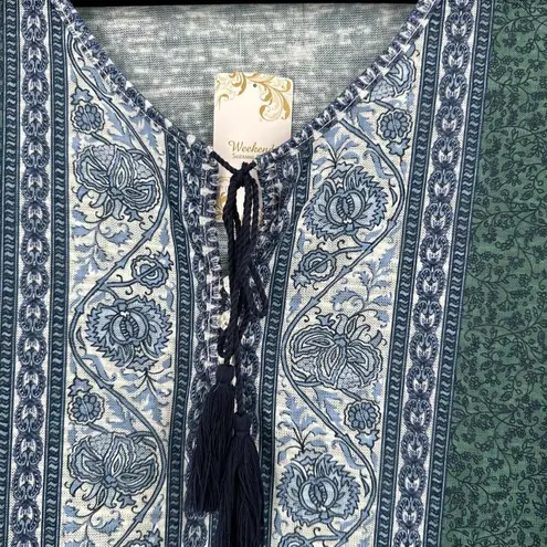 Suzanne Betro NWT Weekend Women's Floral Tassel Tie Blouse Blue Green Size XS