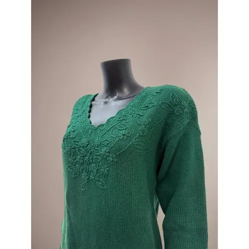Vintage Reed Hunter Green Knit Floral Embroidered Sweater Tunic Ramie Cotton S