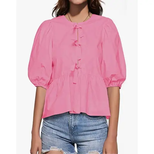 NEW Tie Front Top Babydoll Puff Short Sleeve Blouse 100% Cotton Shirt L Pink Size L