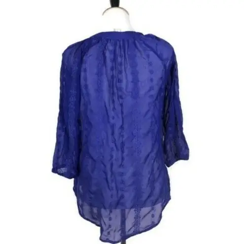 Olive & Oak Floral Embroidered Tunic Blue Blouse BOHO Sheer Split Neck Size S