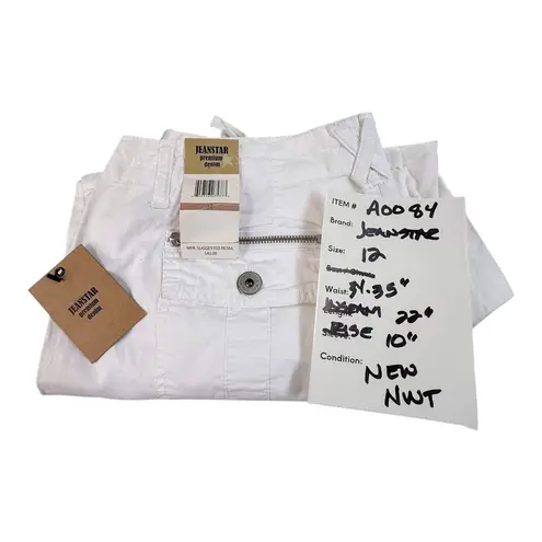 NEW Jeanstar White CAPRI DENIM PANT Women's 12 Cargo Style Jean Pockets Tie Hem