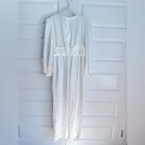 Mac Duggal Ieena for Long Sleeve Ruched Plunging Neck Satin Jumpsuit