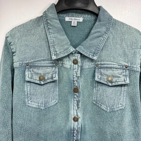 NEW PBJ Blues Acid Washed Deep Sea Green Denim Trim Sweater Jacket Extra Large Size XL