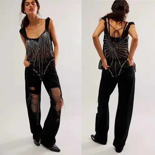 Retrofête Retrofete Black Cotton Embellished Rhinestone Drape Marlowe Straight Jean 29