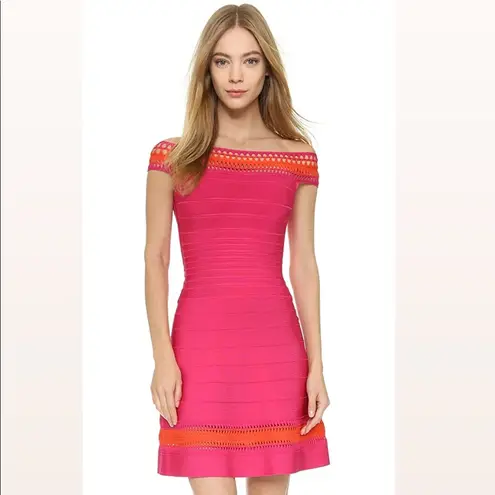 Herve Leger Off-Shoulder Cocktail Zoe Dress Pink