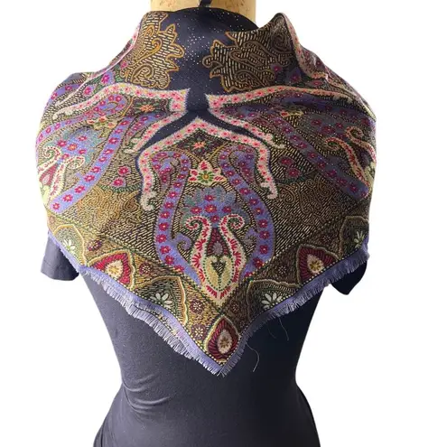 Oscar de la Renta Purple Wool Printed Sparkly Scarf fringe edges 30in Vintage