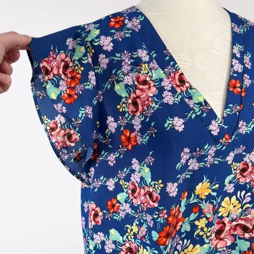 Rachel Roy  Blue Floral V Neck Flutter Sleeve Blouse Large