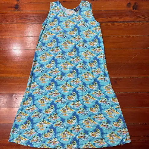 Vintage Spa Island Print Maxi Dress Sleeveless Tiki Resort Size Large 🍄 Blue