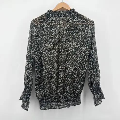 Molly Bracken Floral Sheer Blouse Smocked Ruffle Neck Long Sleeve Size Small
