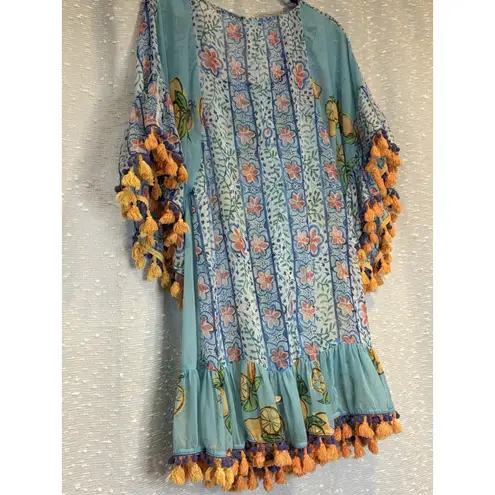 Modaposa Blouse / Cover Up Citrus Floral Tassels Peasant Boho Resort Size Med.