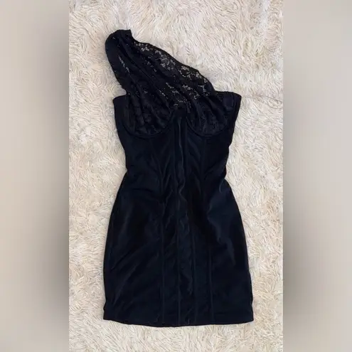 House Of CB NWOT Lily Black Lace Corset One Shoulder Mini Dress sz S