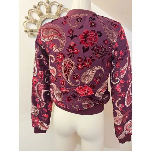 KAS New York Burgundy Velvet Paisley Ashlyn Burnout Bomber Jacket Size XS Purple
