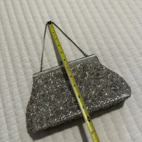 Women’s Beaded Bead Sequin Hand Bag Evening Purse Silver Tone