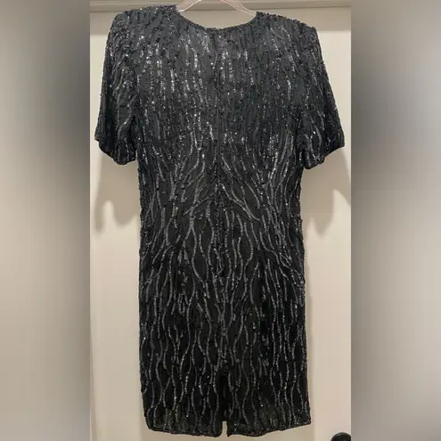 VTG 80s Stenay Black Sequin Formal Cocktail Party Above Knee Short Sleeve Dress Size 10