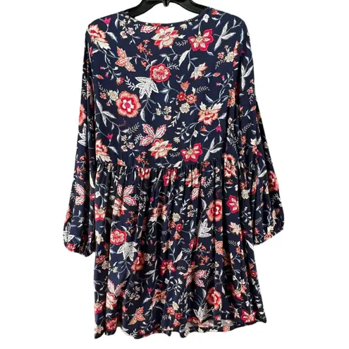 Old Navy  Dress Womens Medium Blue Floral Rayon Boho Long Sleeve Mini Keyhole NEW