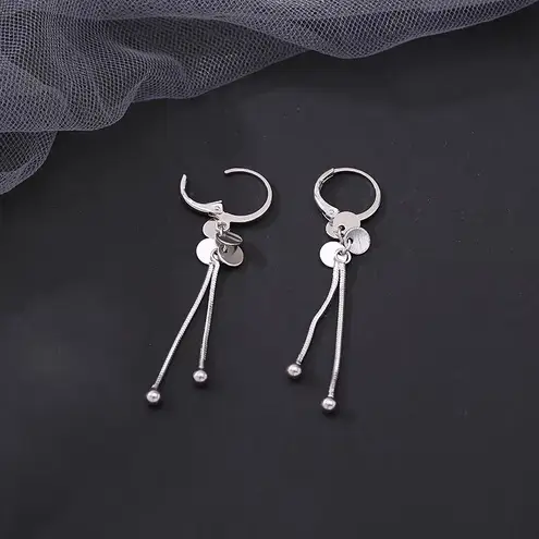 925 Silver Plated Round Disc Tassel Dangle Drop Hoop Earrings for Women
