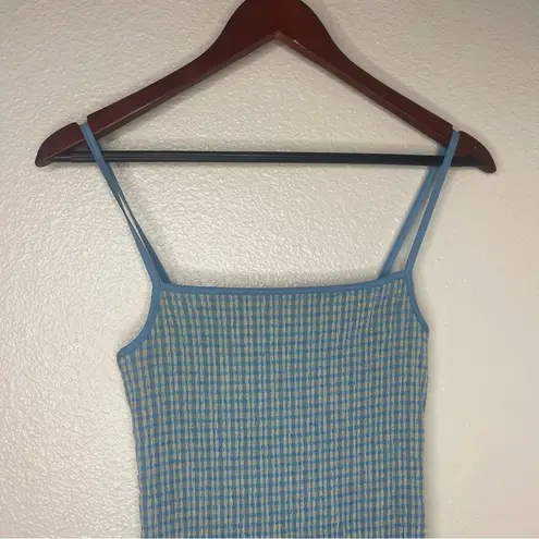 Wilfred XS Body Con Rouched Mini Dress Blue Spaghetti Straps Ribbed Stretchy