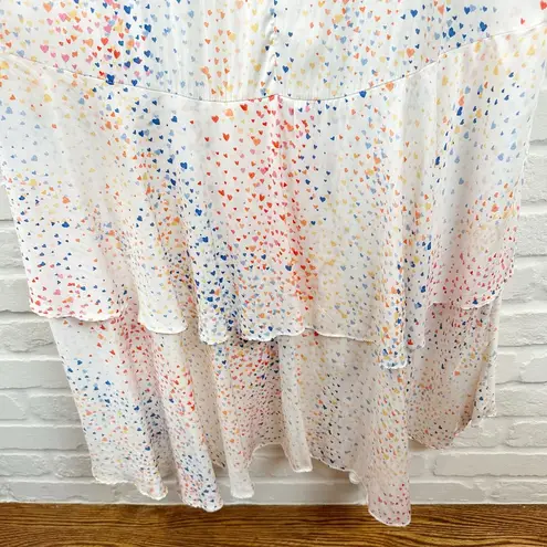 Hutch Multi Color Heart Maxi Dress White Satin Hi Low short sleeves V-neck 10