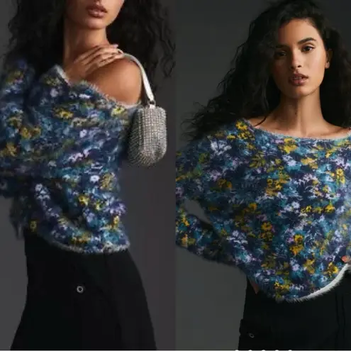 ANTHROPOLOGIE Pilcro Confetti Cropped Fuzzy Faux Fur Sweater Blue Sz M Size M