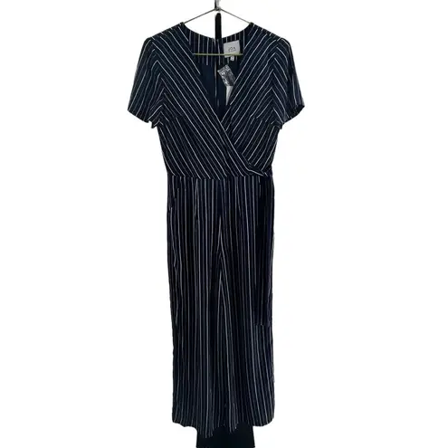 J.O.A. Revolve Women’s S‎ Short Sleeve Wide Leg Jumpsuit Navy Blue Stripe Belted