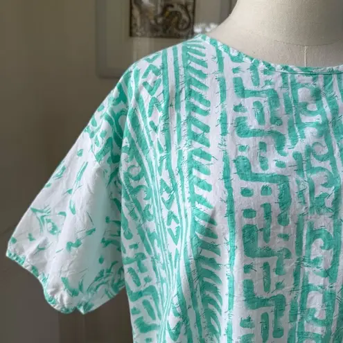 Vintage 90s Mint Green Abstract Tribal Print Shorts Shirt Set XL 1X