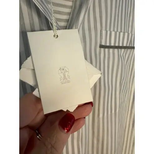 Brunello Cucinelli NWT Cotton Embellished Striped Shirt Dress in White Size XL