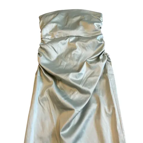 BHLDN Anthropologie Strapless Green Satin Dress Ruched Knee Length Size Med NWT