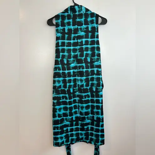 Rachel Roy Teal Blue Printed Robe Wrap Sleeveless Sheath Dress Size 8