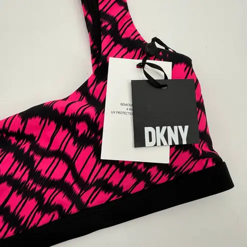 DKNY  Bikini Top Size Medium NWT Printed Square Neck Hot Pink Black Swim Sporty