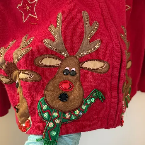 Tiara International Christmas Reindeer Red Knit Zippered Cardigan estimated size Medium