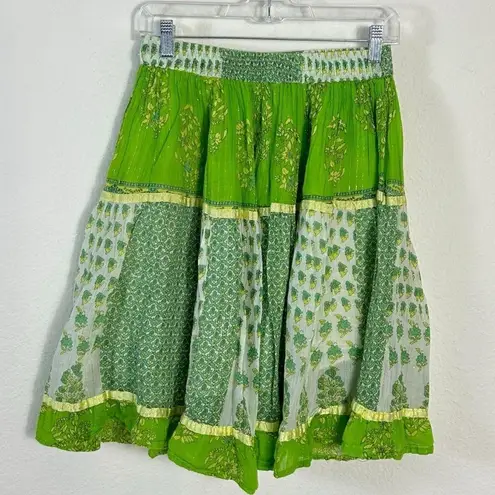 Vintage 90s Indian Cotton Bohemian Tiered Patchwork Skirt Medium Floral Metallic Green