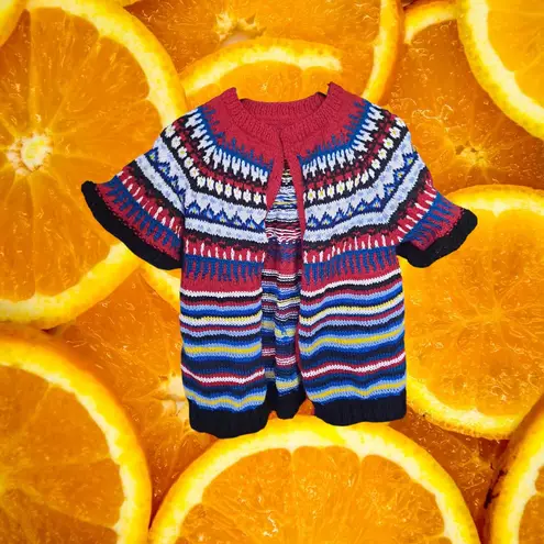 Hand Knit Open Front Short Sleeve Colorful Sweater Red