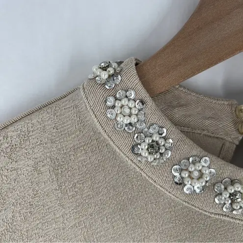 Endless Rose Metallic Gold Stretch Jersey Liquid Knit Embellished Neck Top M