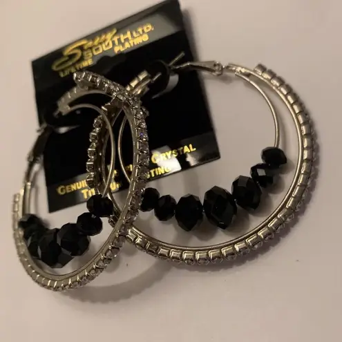 Silver Tone Hoop Earrings Pierced NWT Genuine Austrian Crystal Titanium Plating