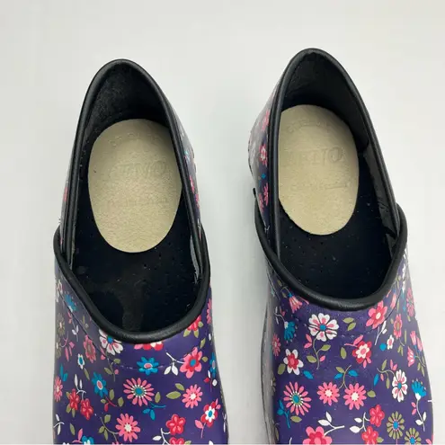 Cape Clogs Leno Sweden Purple Floral Black Leather Slip Resistant SZ 38 US 7.5