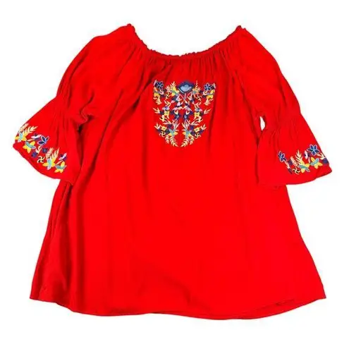 Southern Stitch Shirt Womens XL Red Embroidered Boho Tunic Top Floral Rayon