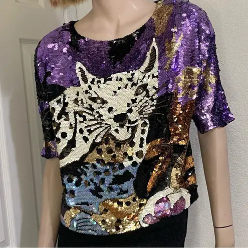 Vintage Fully Sequinned & Beaded Wild Cat Leopard Dolman Sleeve Silk Top Size S Black