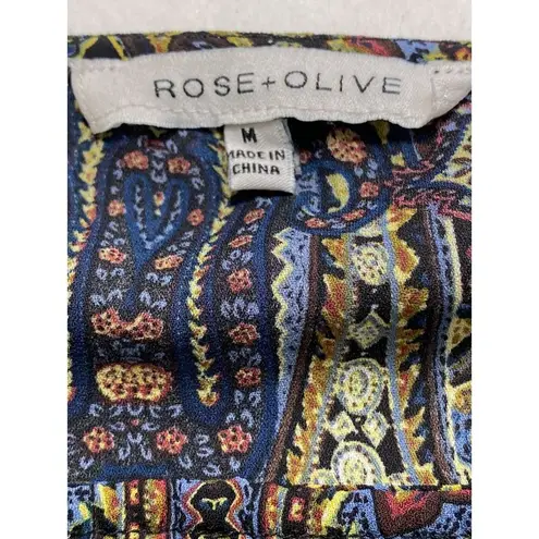 Rose + Olive Paisley Flowy Boho Top Womens Size Medium Balloon Tie Sleeve Retro