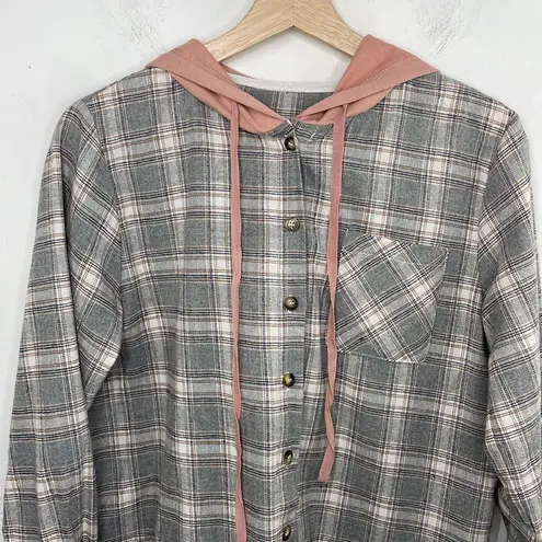 Apricot Lane Flannel Plaid Long Sleeve Front Button Closure With Hood Shirt Gray Small Cotton