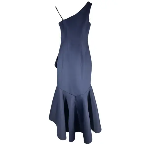 Eliza J One-Shoulder Side-Tuck Ruffle Hem Scuba Gown Navy Size US 2